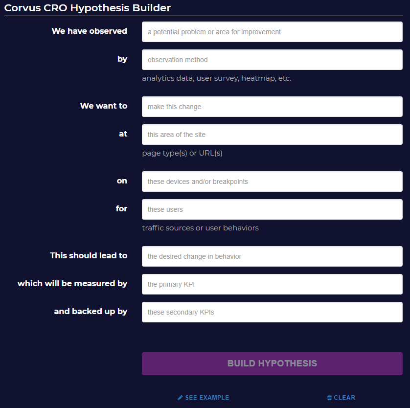 The Corvus CRO split test hypothesis builder helps you easily assemble and validate a split test hypothesis