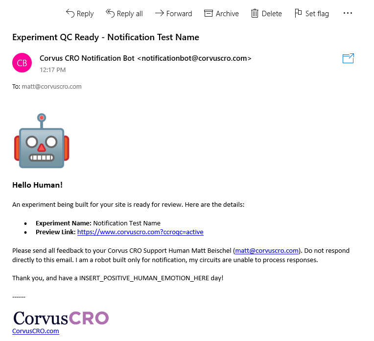 The Corvus CRO Notification Bot now sends email notifications in addition to Slack messages