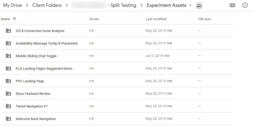 Split test asset folders created in Google Drive
